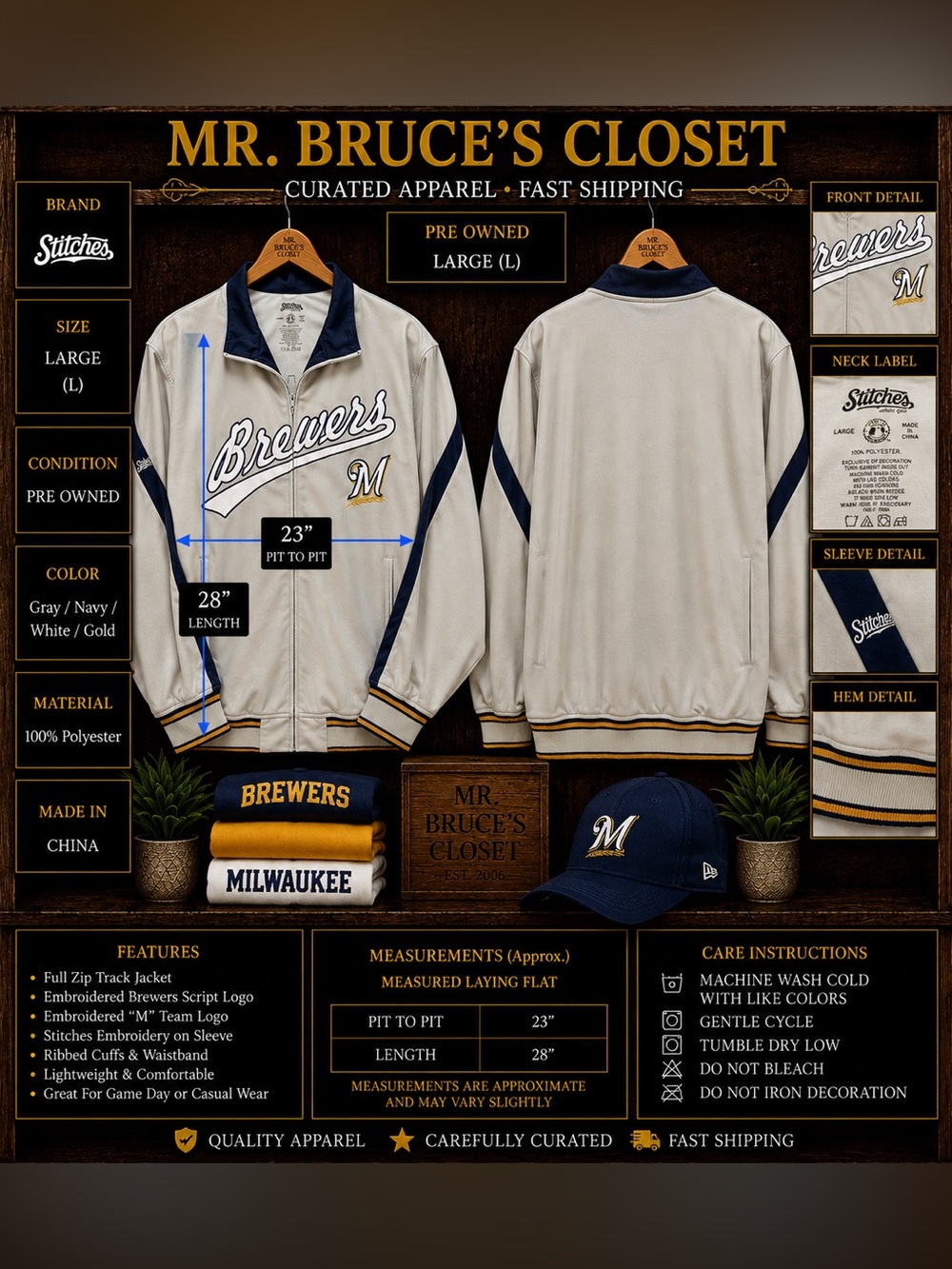 Stitches Brewers Varsity Bomber Jacket - Gray & Navy